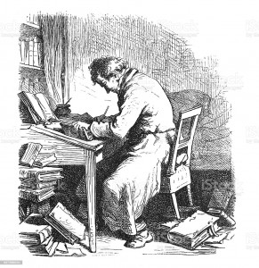 Steel engraving Eremite writer poet writing a book  from 1876